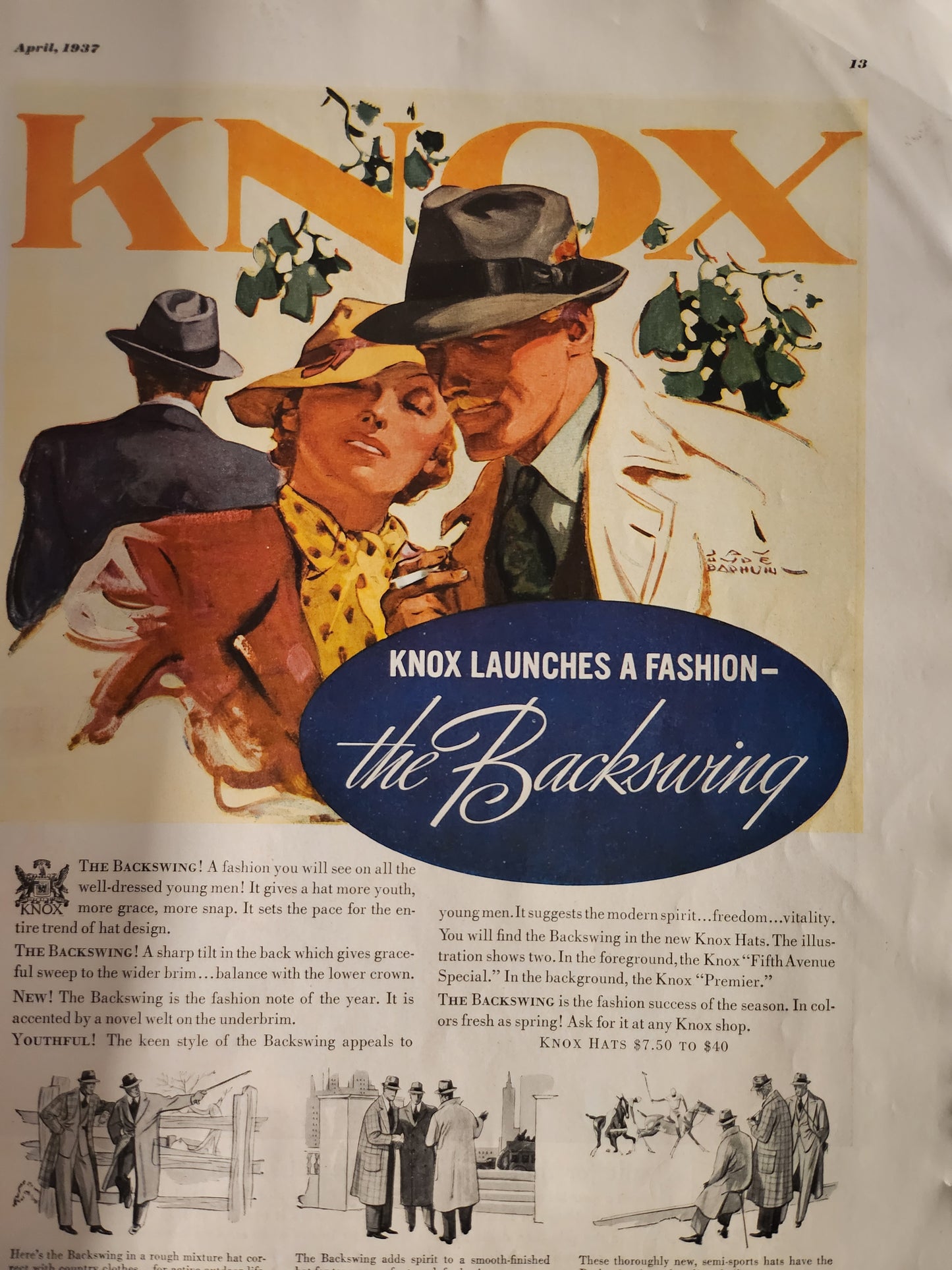 Vintage 'Knox' advertisement featuring 'the Backswing' hat model