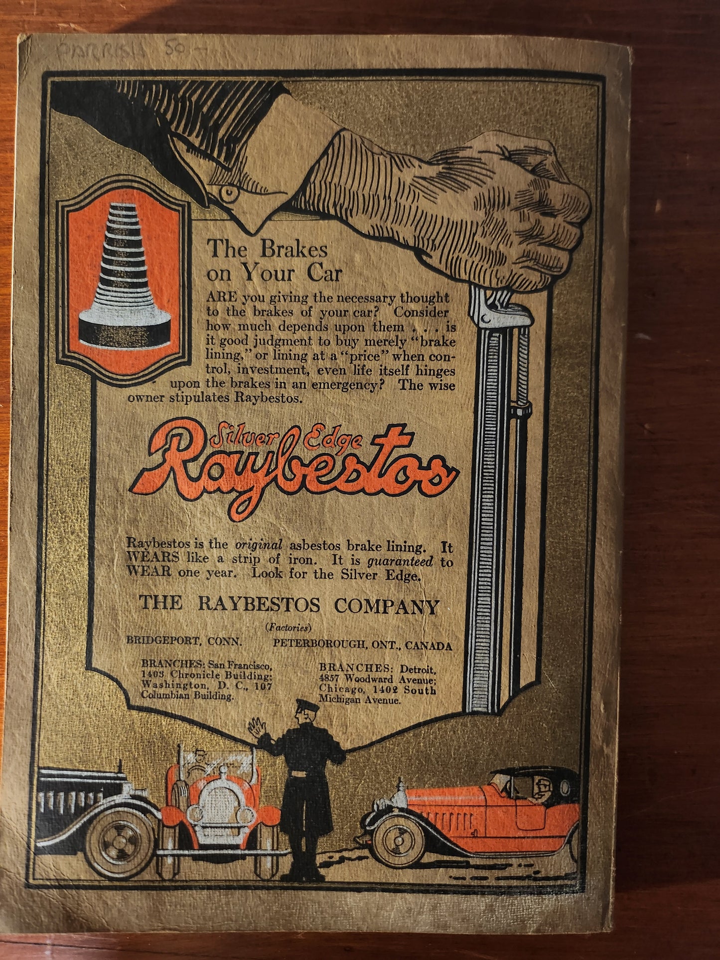 Vintage advertisement for Raybestos brake system with a handshake graphic and early automobiles.