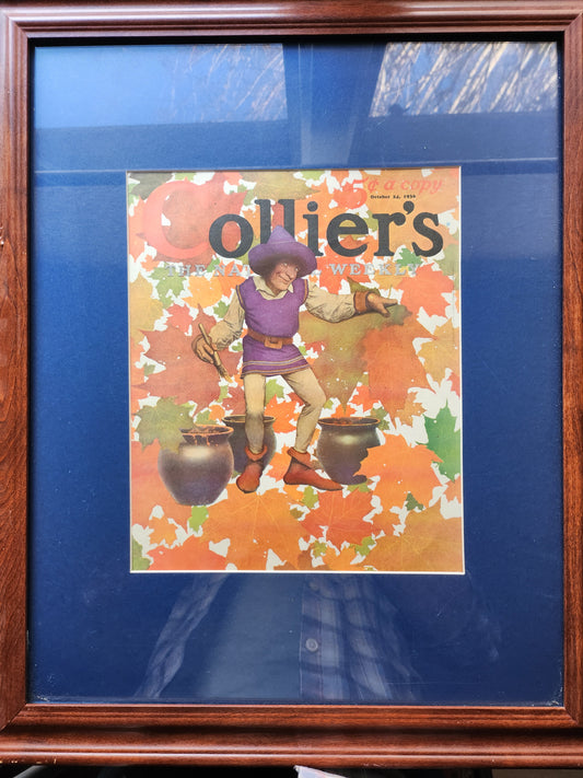 Maxfield Parrish's 'Jack Frost' cover for October 24, 1936 issue of 'Collier's Weekly' featuring colorful autumn leaves - matted and framed