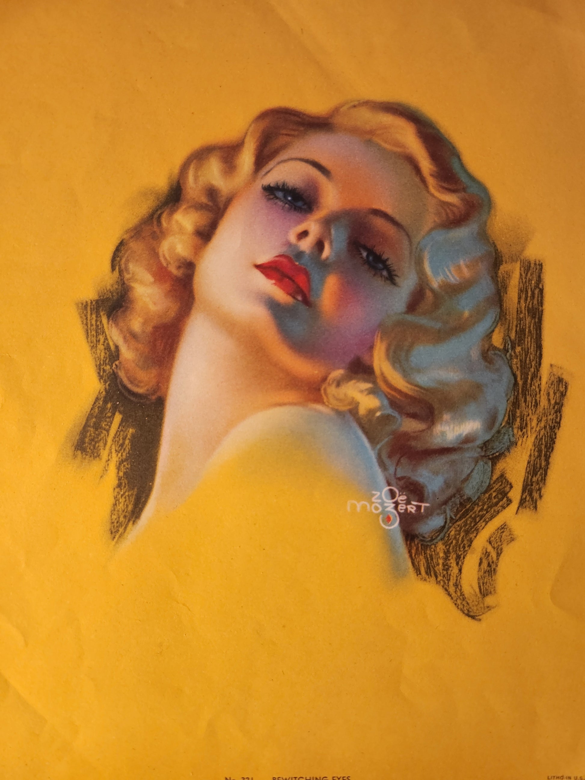 Vintage, pin-up model illustration of a woman with red lipstick on a yellow background by Zoe Mozert 