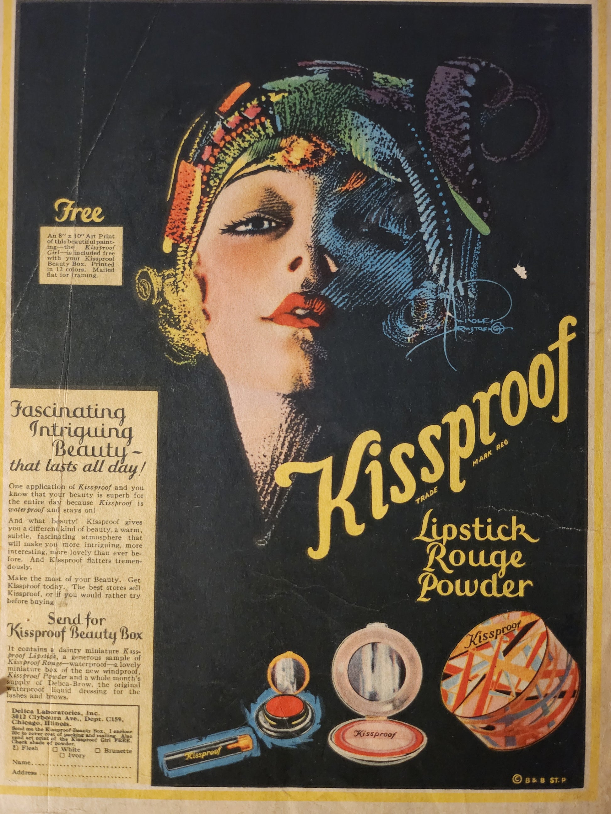 Vintage advertisement for Kissproof lipstick, rouge, and powder with a stylized woman's face rendered in pin-up model fashion 