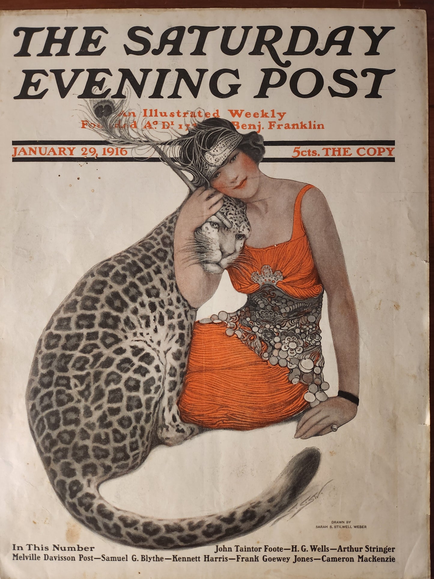 Vintage magazine cover of 'The Saturday Evening Post' with a woman and leopard by Sarah S. Stillwell Weber 
