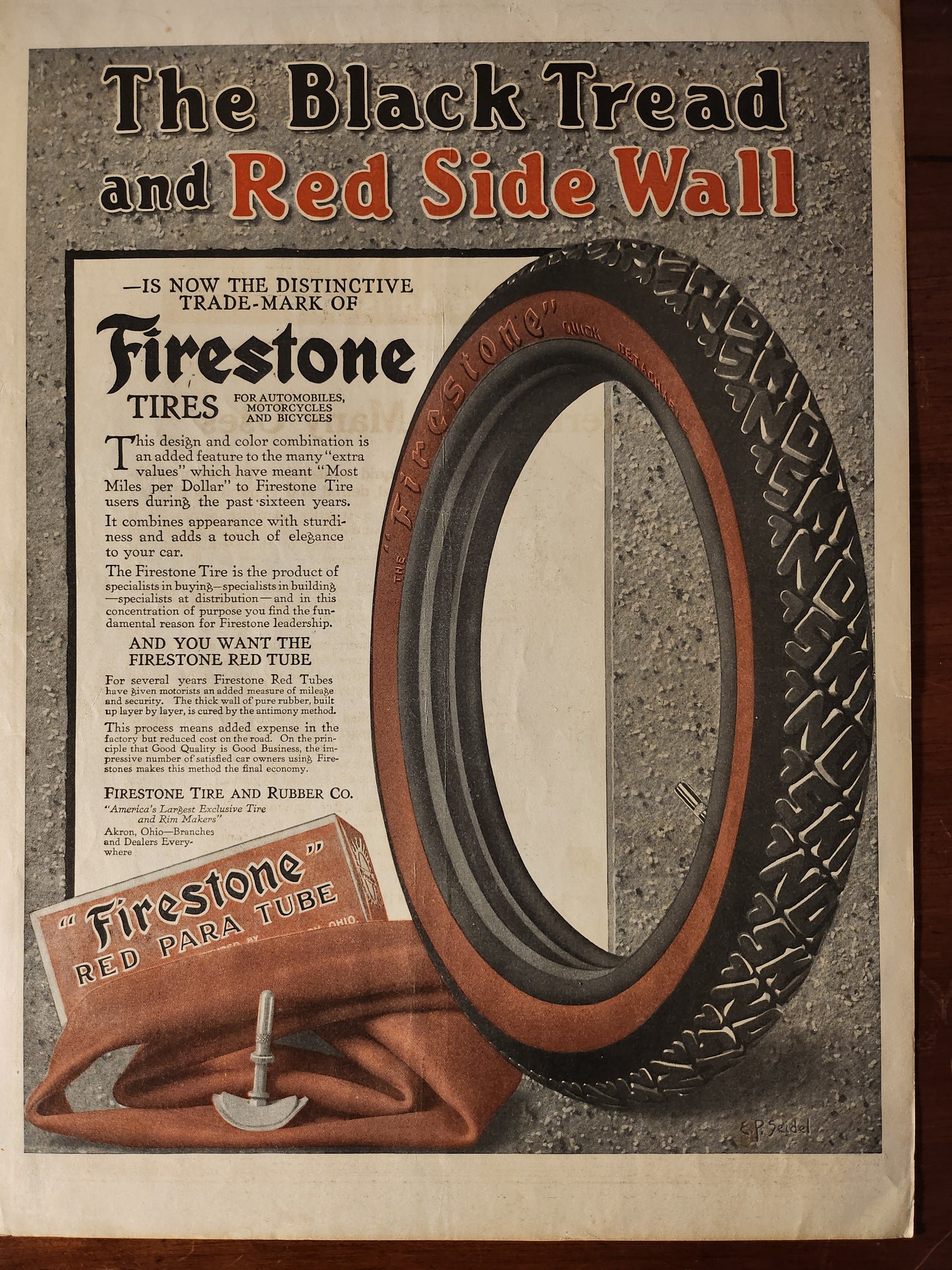 Vintage advertisement for Firestone tires featuring a tire cross-section and branding - rear cover of Saturday Evening Post
