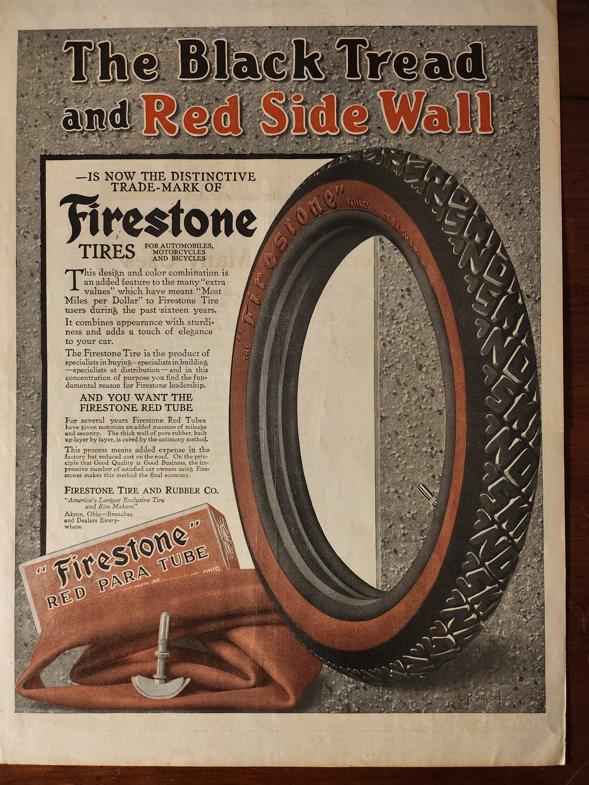 Vintage advertisement for Firestone tires featuring a tire cross-section and branding - rear cover of Saturday Evening Post