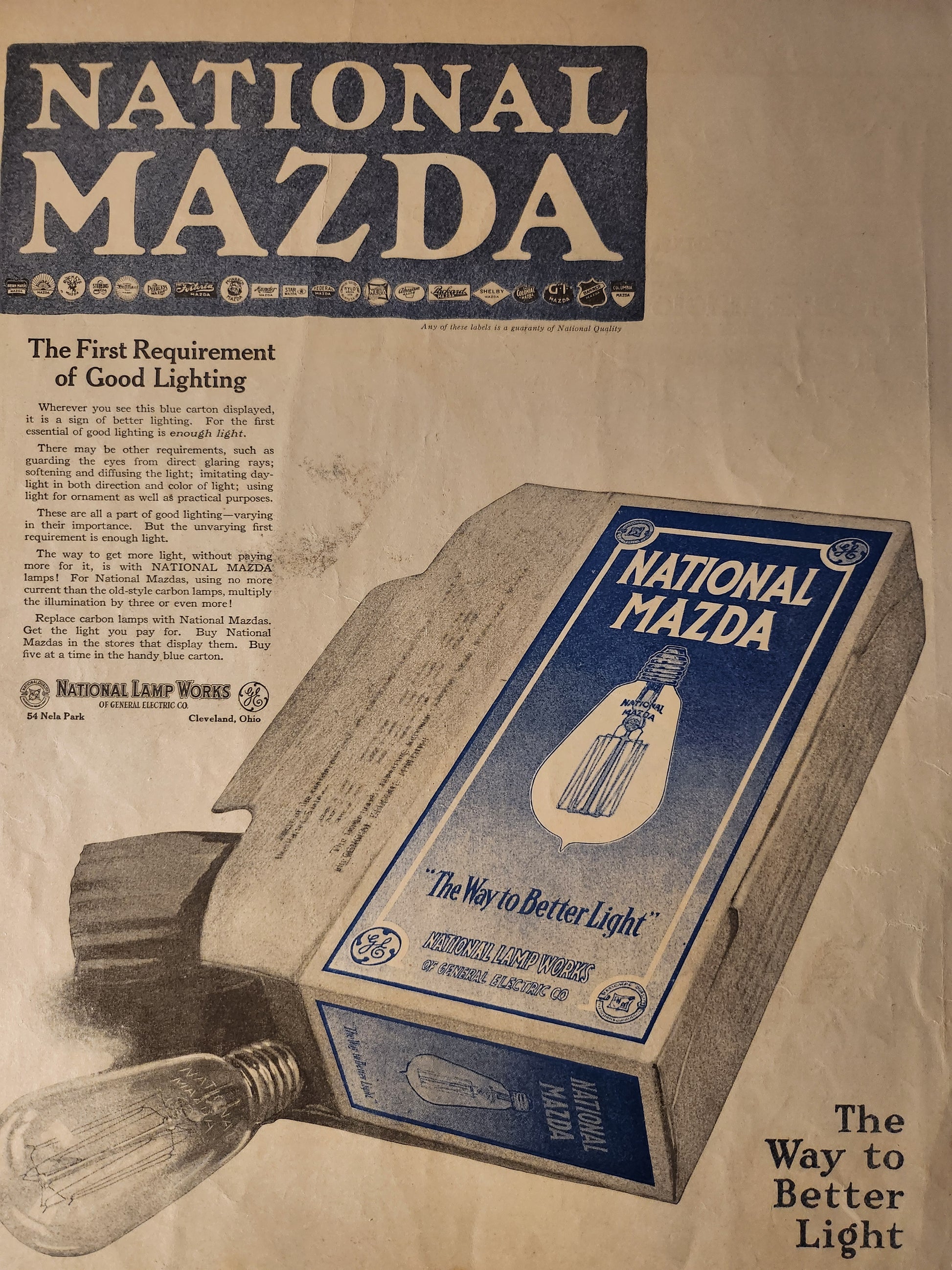 Vintage advertisement for National Mazda light bulbs with a box and bulb on a beige background 
