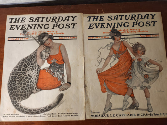 Two vintage 'The Saturday Evening Post' magazine covers both illustrated by Sarah S. Stilwell Weber