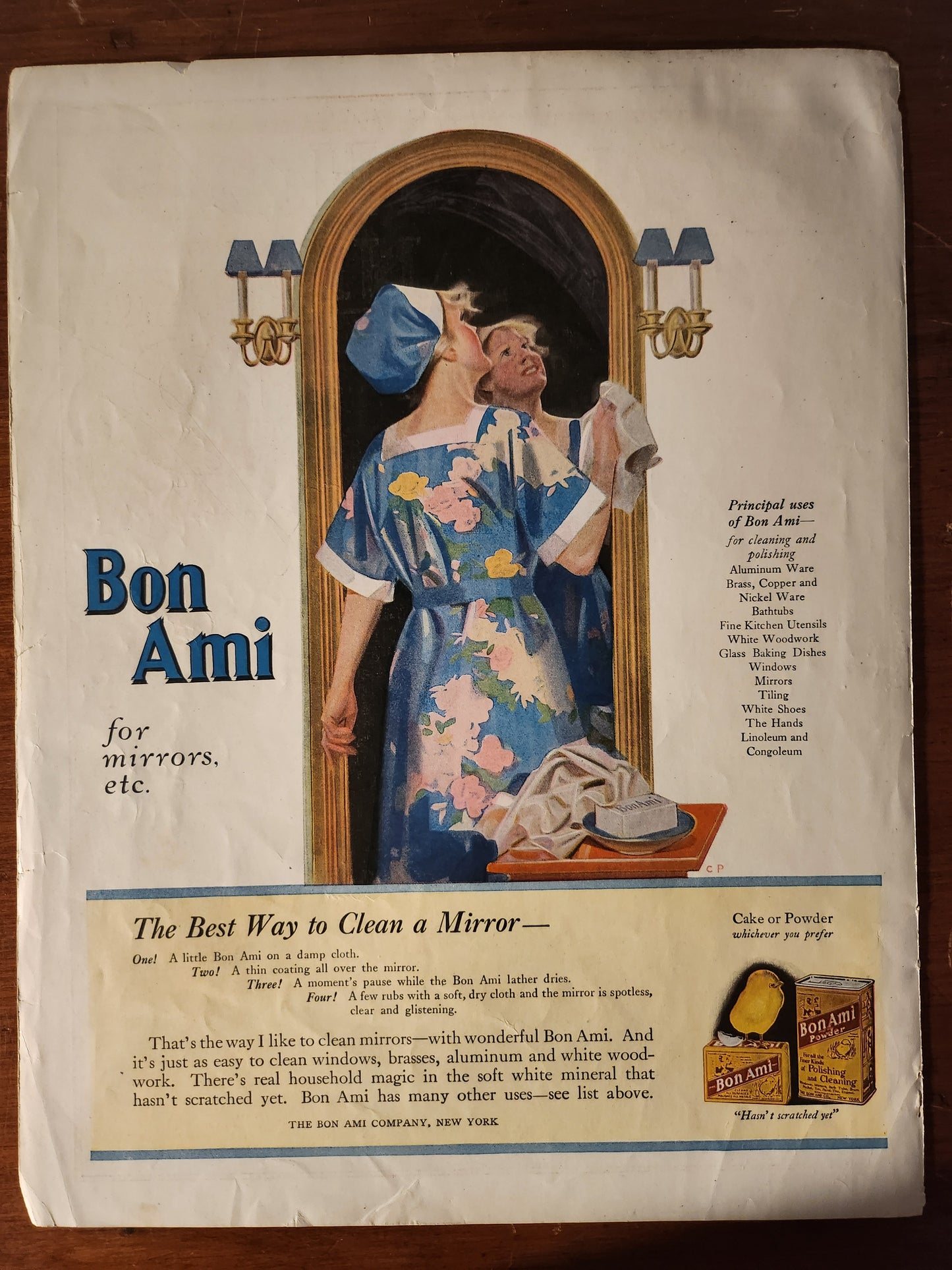 Vintage advertisement for Bon Ami cleaner featuring a woman cleaning a mirror - rear cover of Woman's Home Companion 