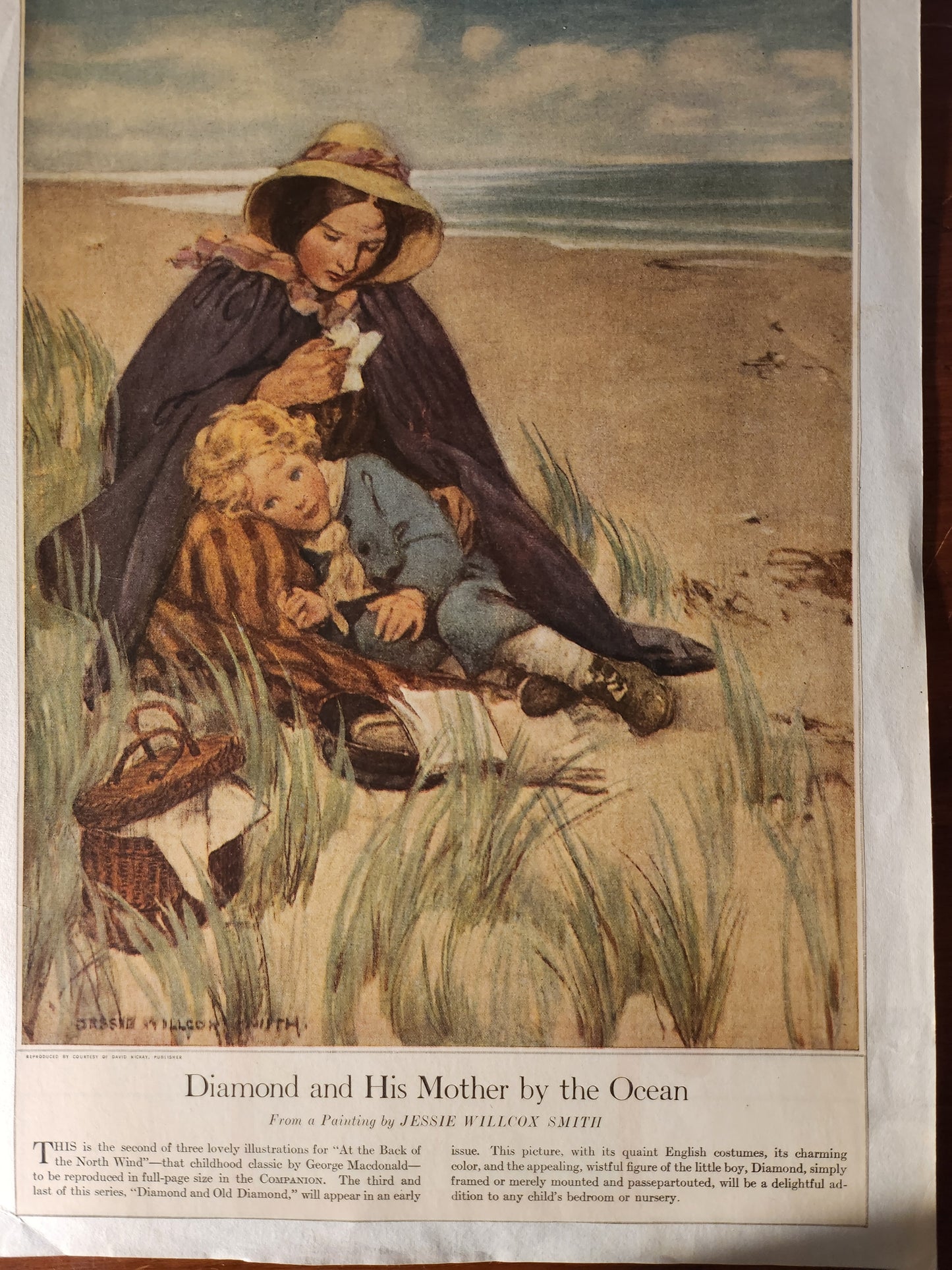 Vintage illustration of a woman lying on grass with a child and teddy bear by Jessie Wilcox Smith
