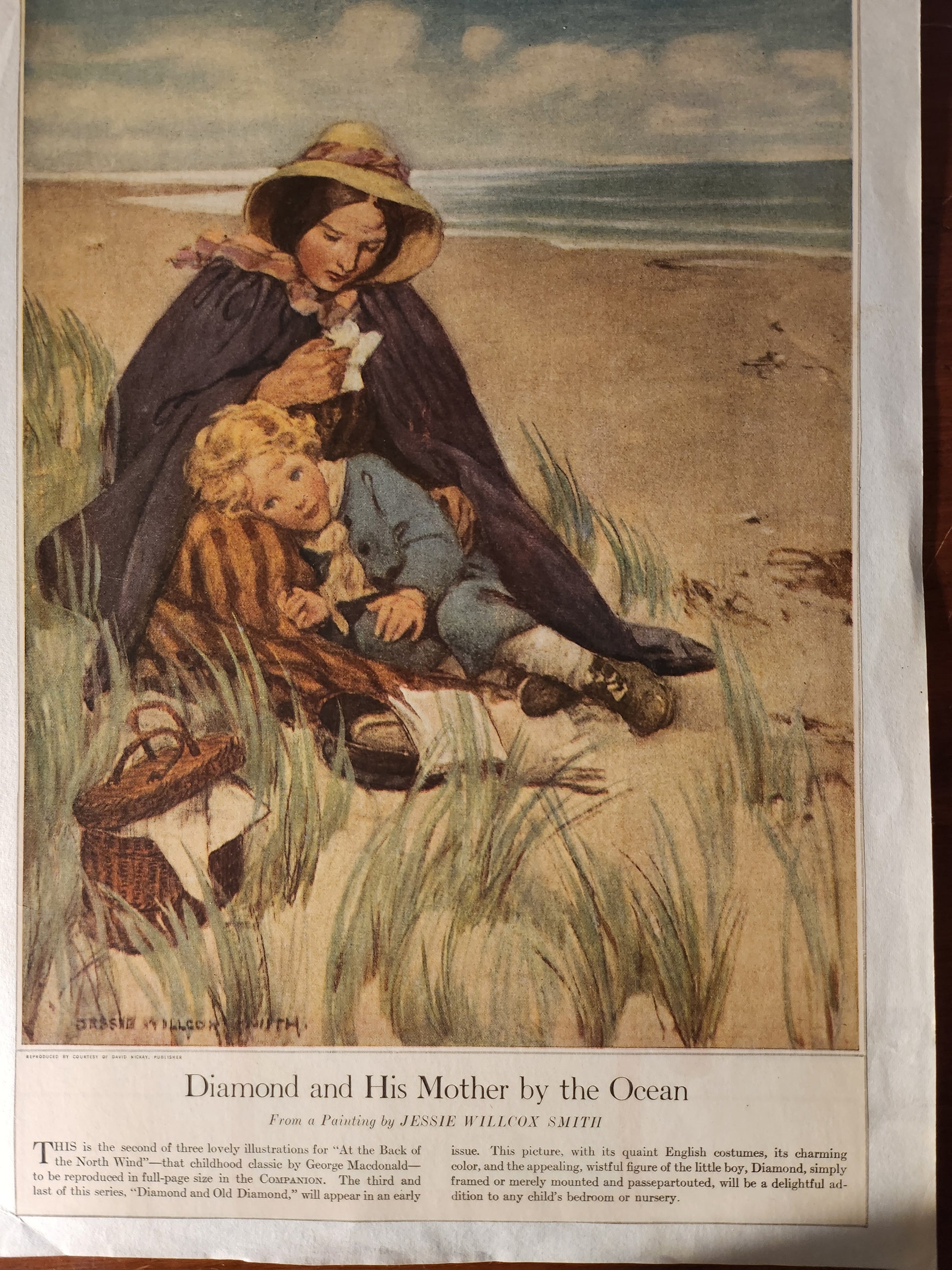 Vintage illustration of a woman lying on grass with a child and teddy bear by Jessie Wilcox Smith