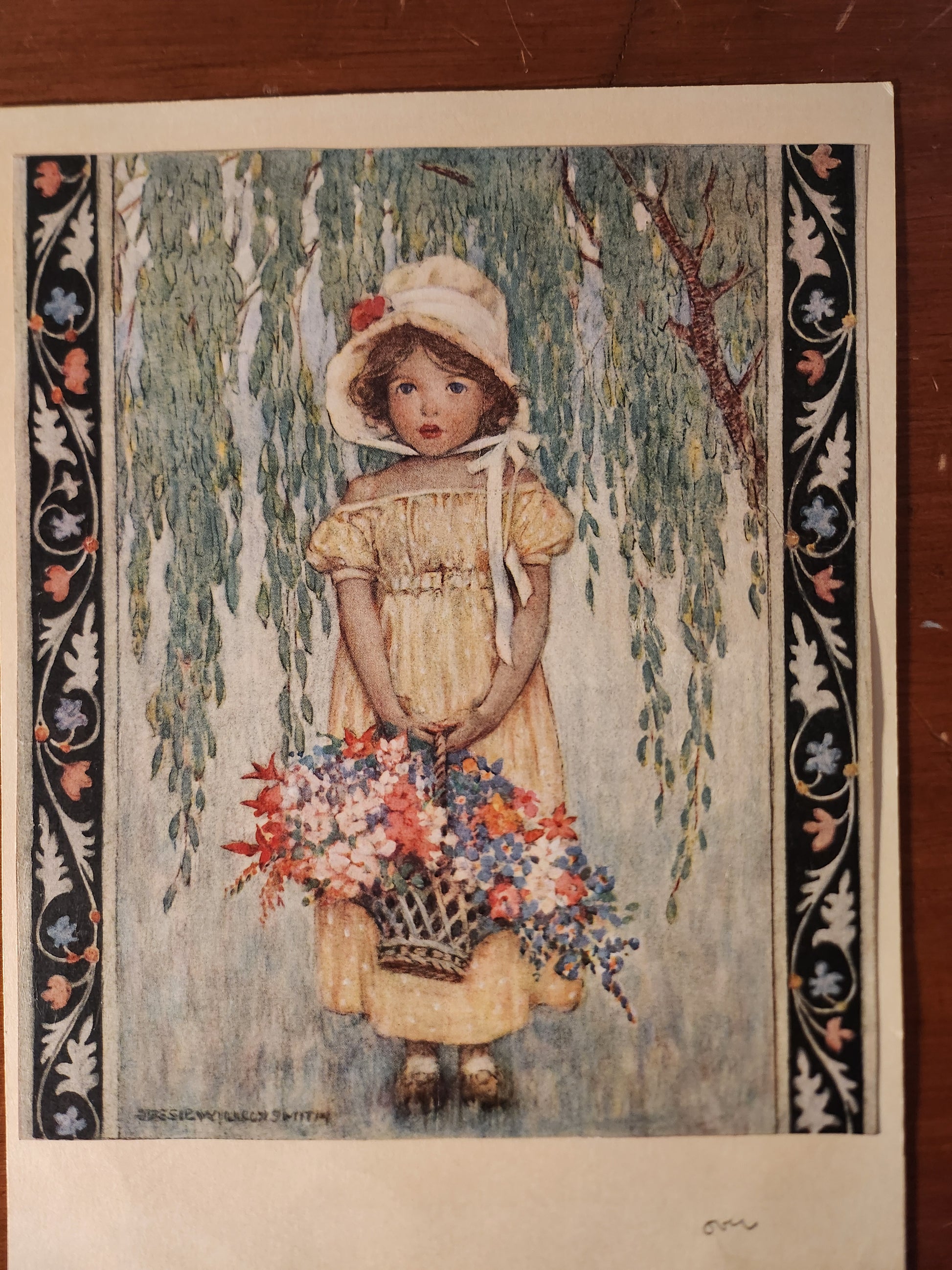 Vintage illustration of a girl with flowers and a basket on a decorative background by Jessie Wilcox Smith