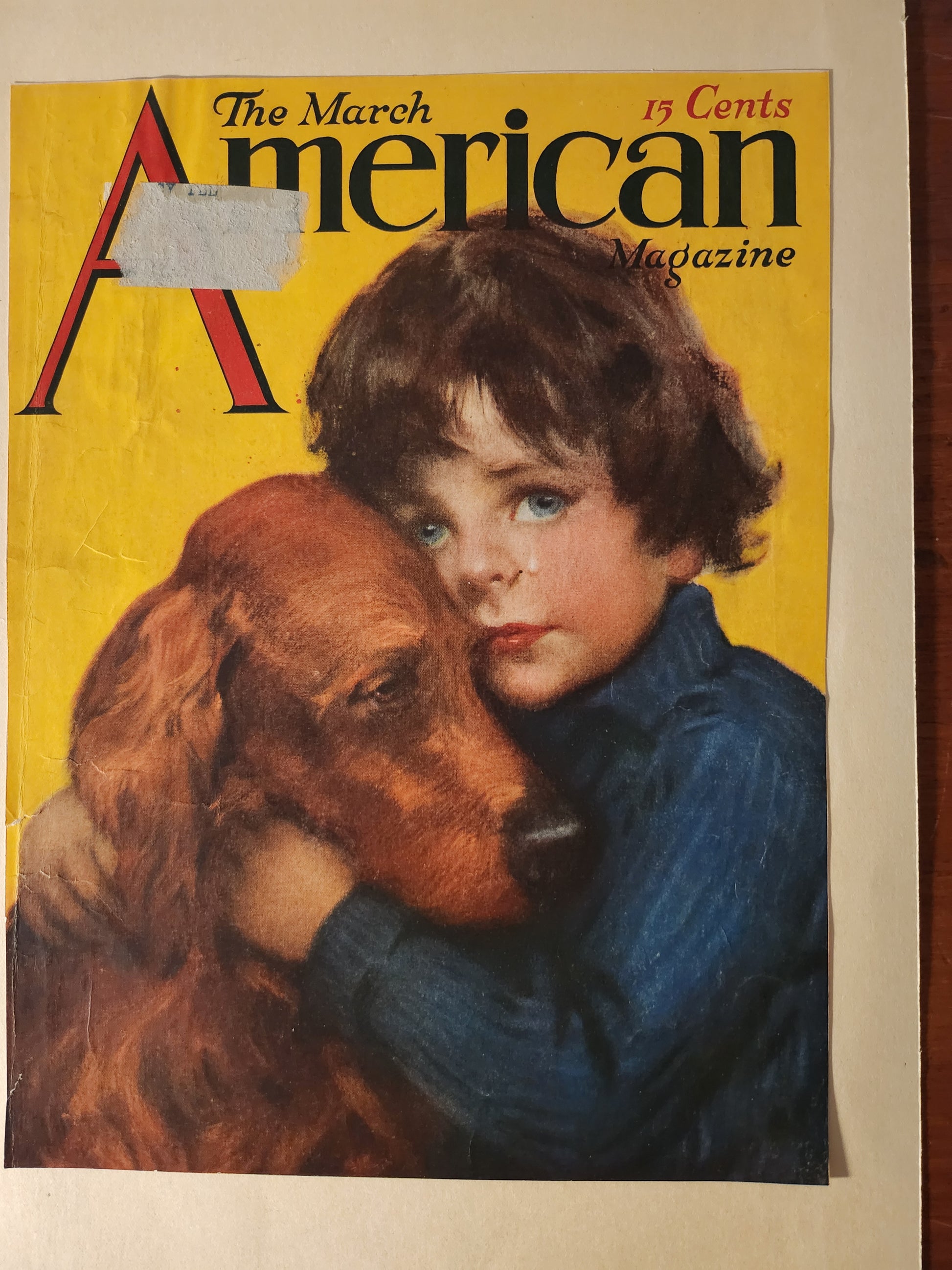 Vintage magazine cover with a child and dog illustration on a yellow background by Jessie Wilcox Smith