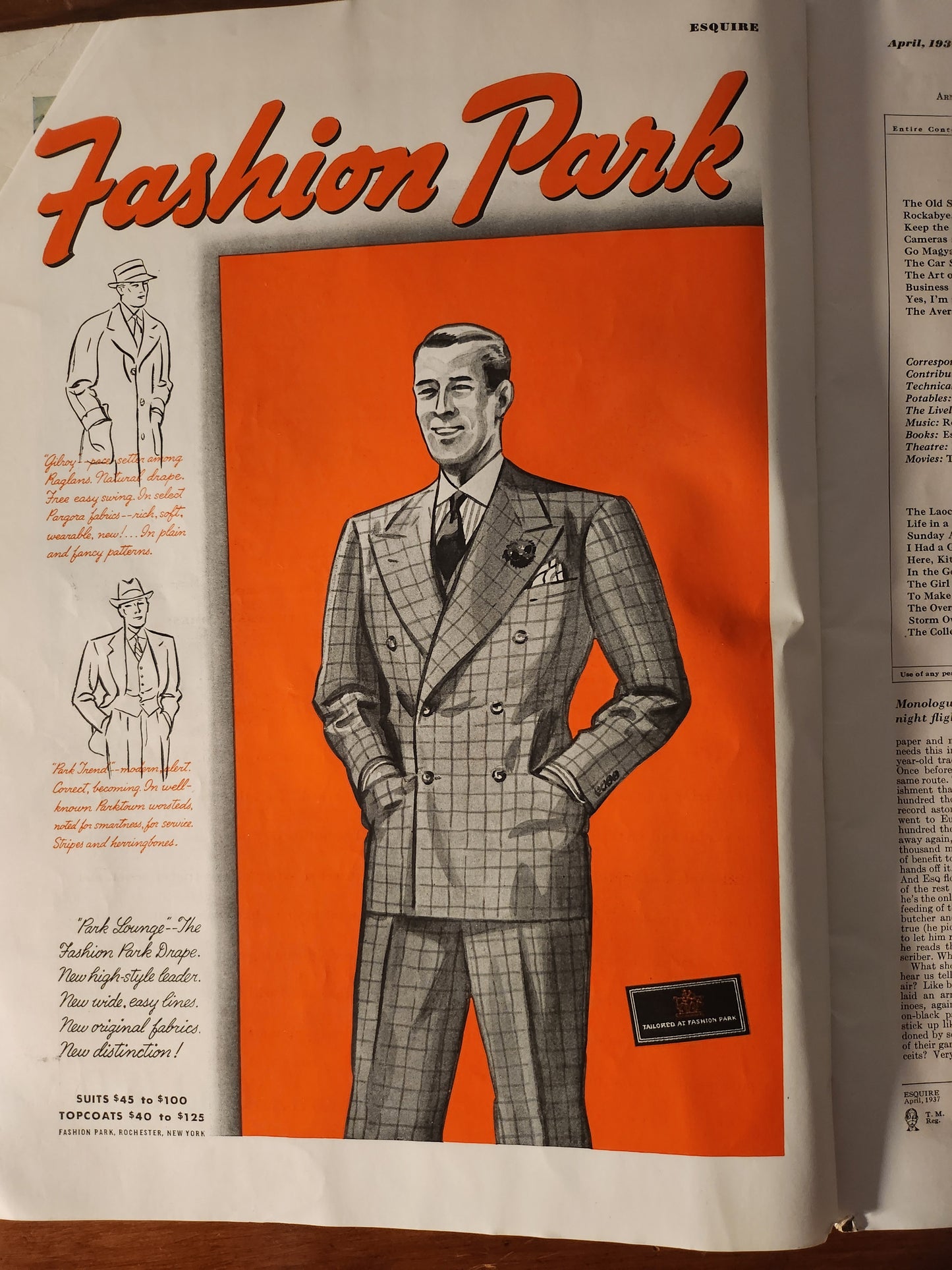 Vintage advertisement for Fashion Park with a man in a suit on an orange background.