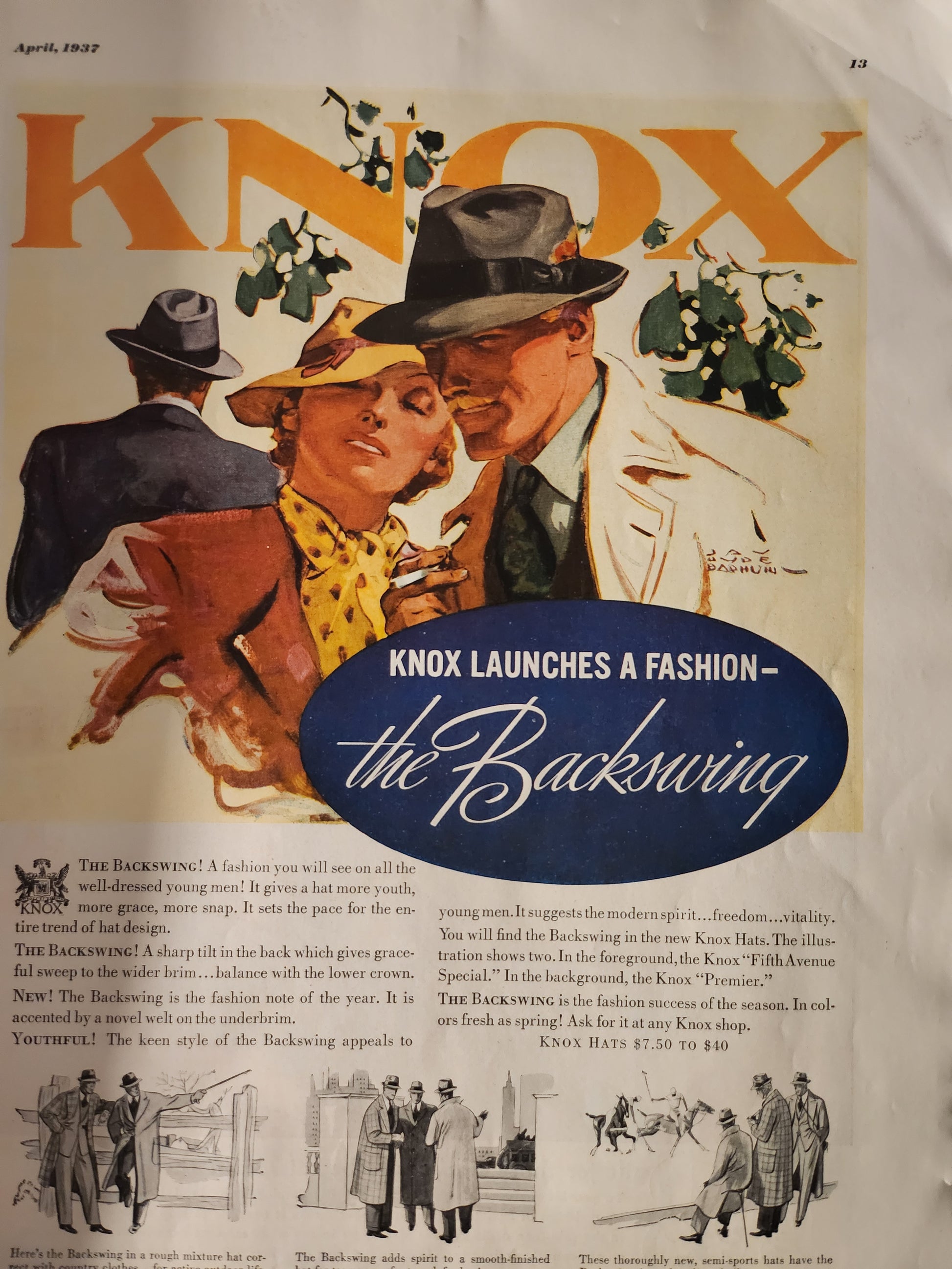 Vintage 'Knox' advertisement featuring 'the Backswing' hat model