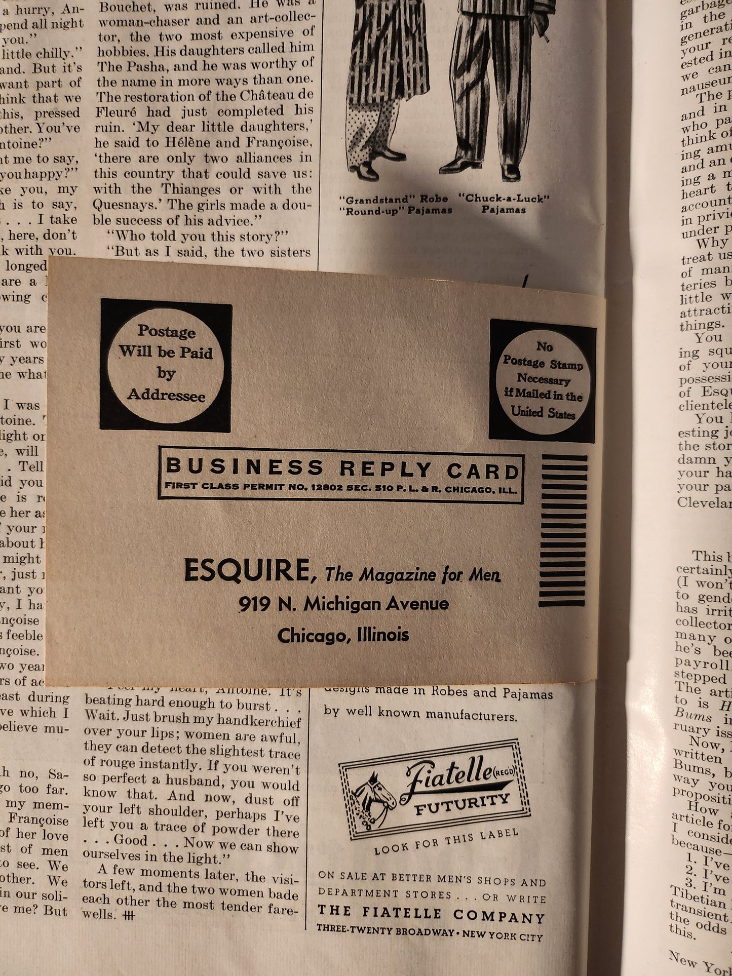 Vintage Esquire magazine reply card intact in 1937 magazine