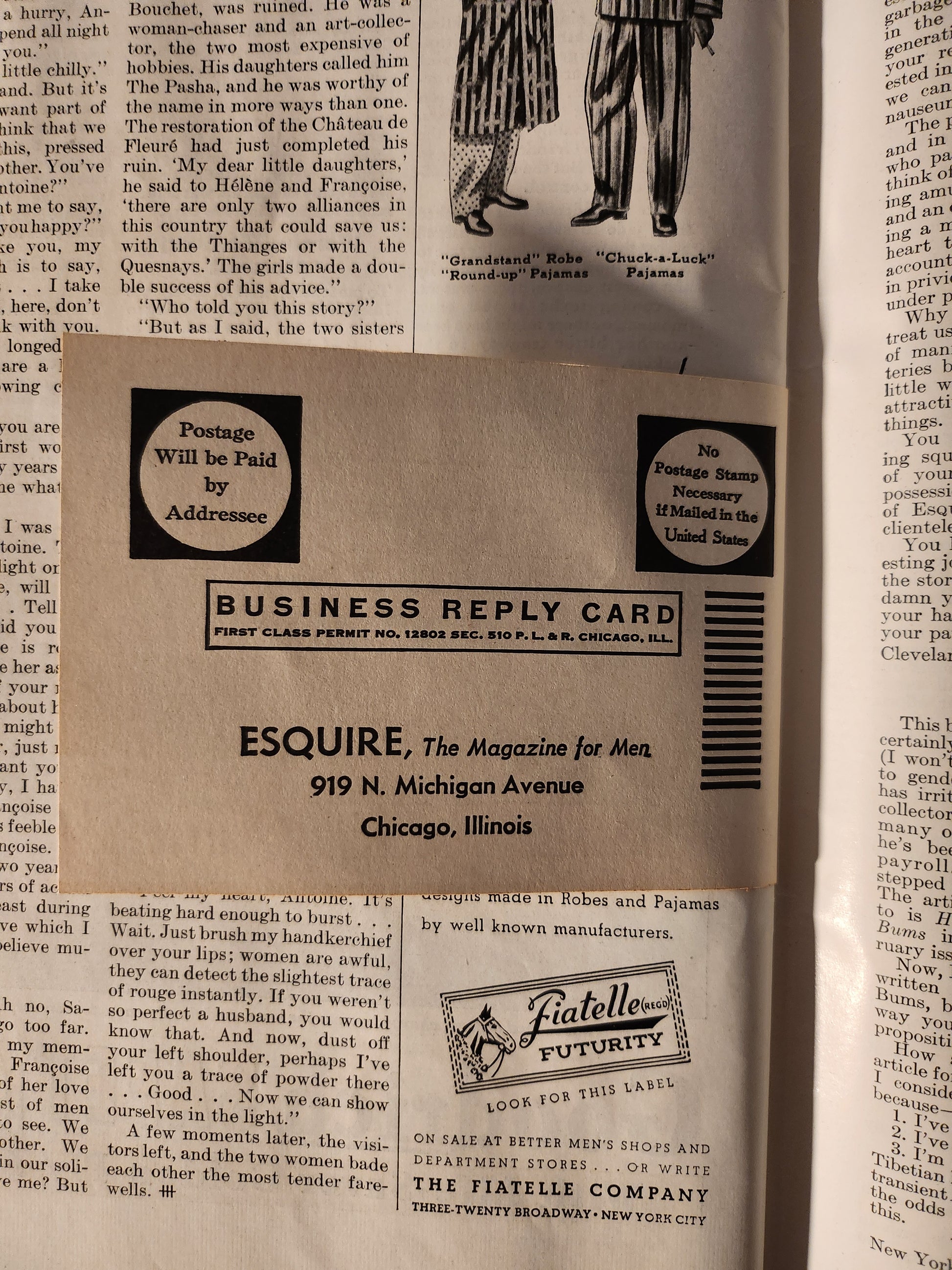 Vintage Esquire magazine reply card intact in 1937 magazine