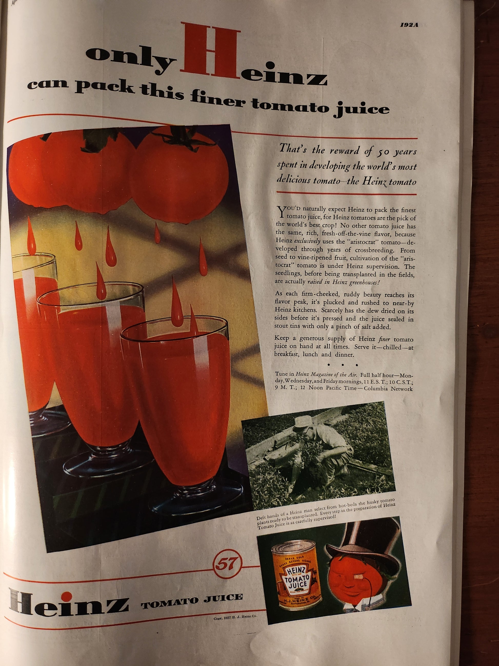 Vintage Heinz tomato juice advertisement with images of tomatoes and glasses