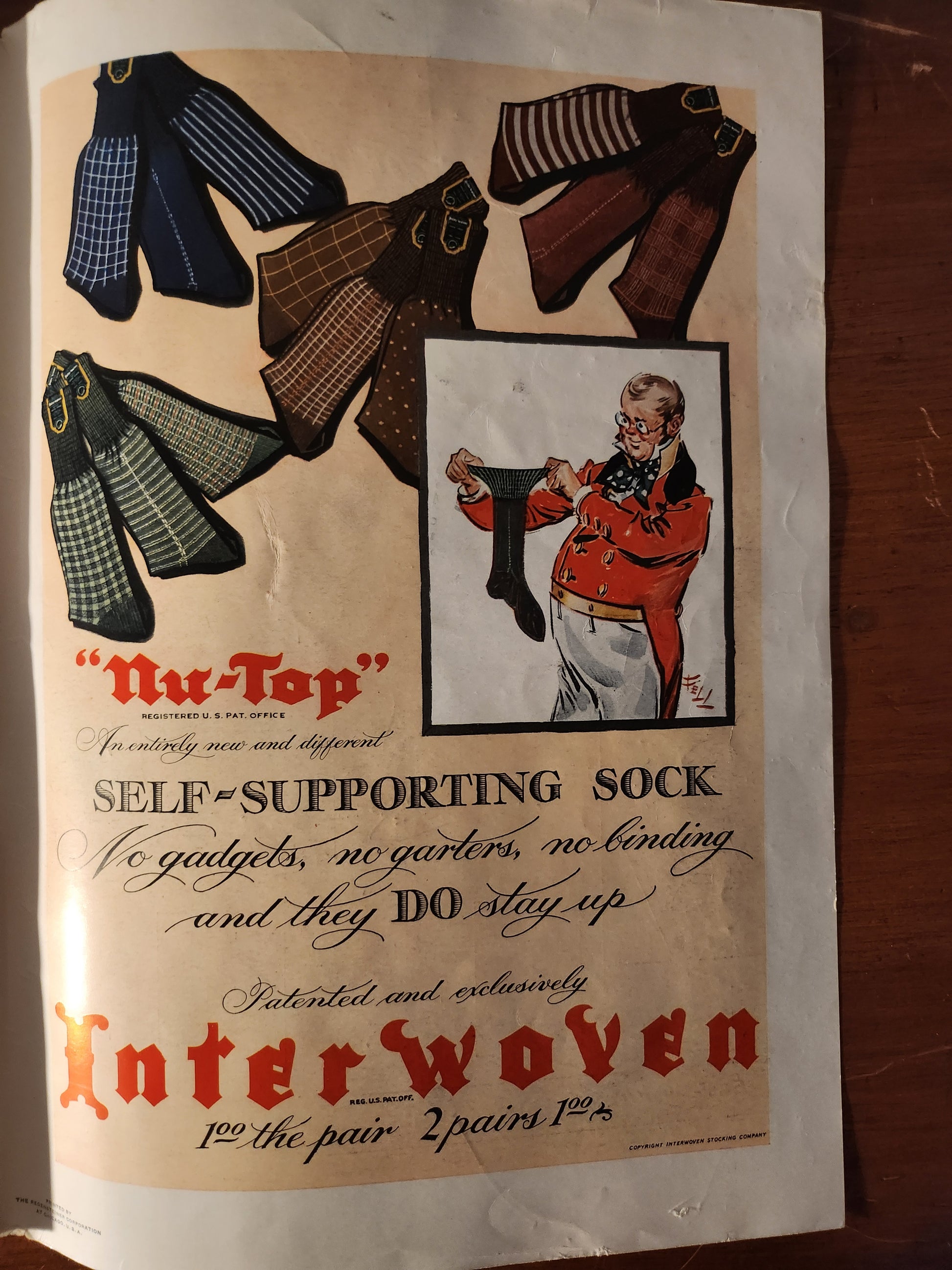 Vintage advertisement for InterWoven self-supporting socks with illustrations of socks and a person wearing them.