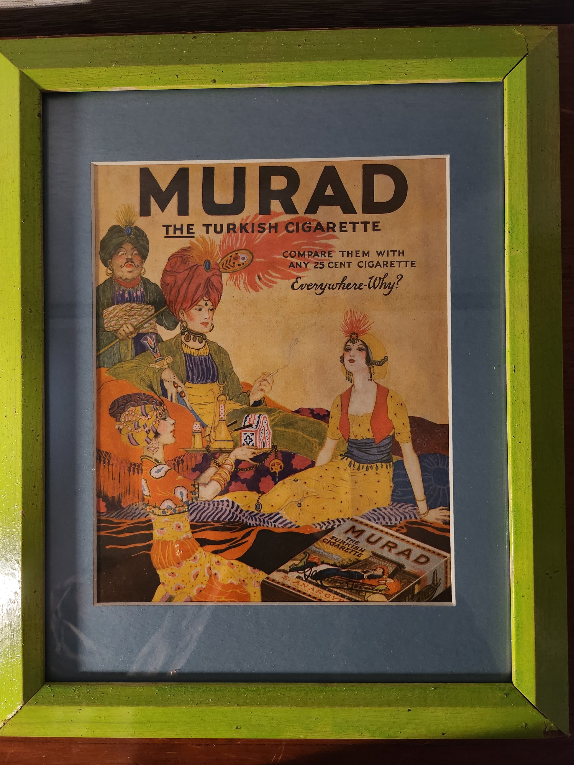 Vintage Murad cigarette advertisement framed with a green border and blue matting