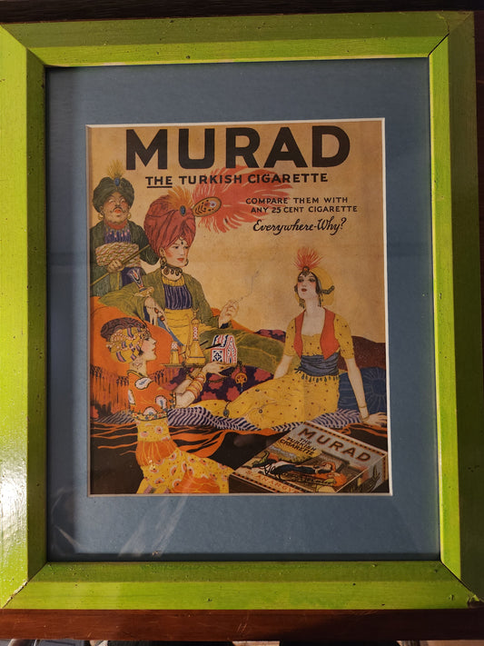 Framed vintage advertisement for Murad Turkish Cigarette with colorful design and text and Persian theme