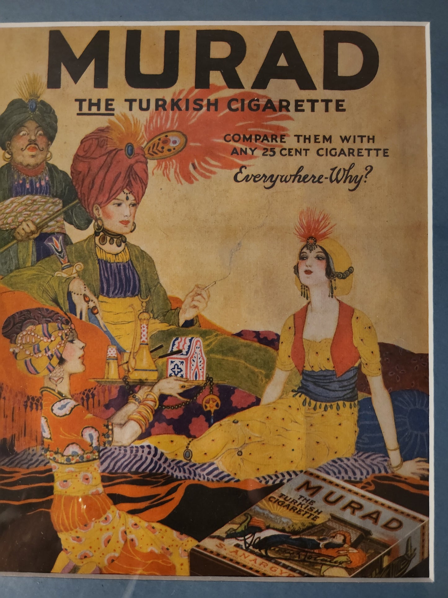 Vintage advertisement for Murad cigarettes with colorful characters and text.