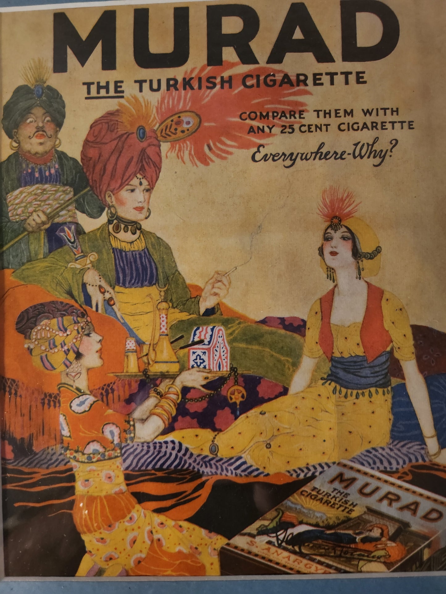 Vintage advertisement for Murad Turkish Cigarette with colorful characters and text.