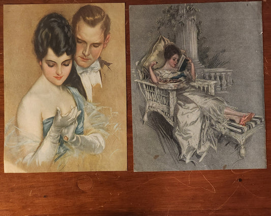 Two vintage illustrations by Harrison Fisher - one featuring a couple and the other depicting a woman lounging