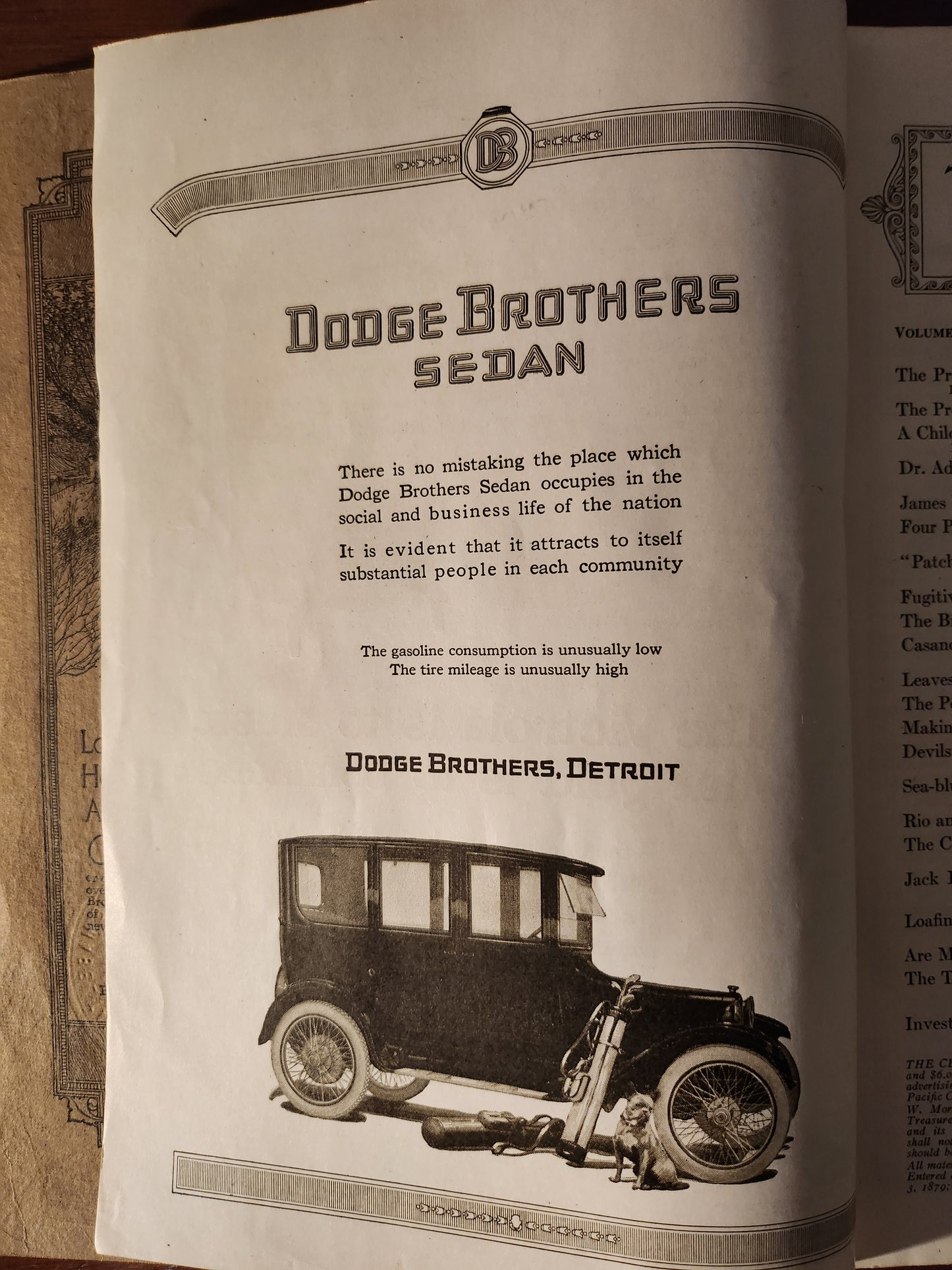 Vintage advertisement for Dodge Brothers Sedan with vehicle illustration on a sepia-toned background
