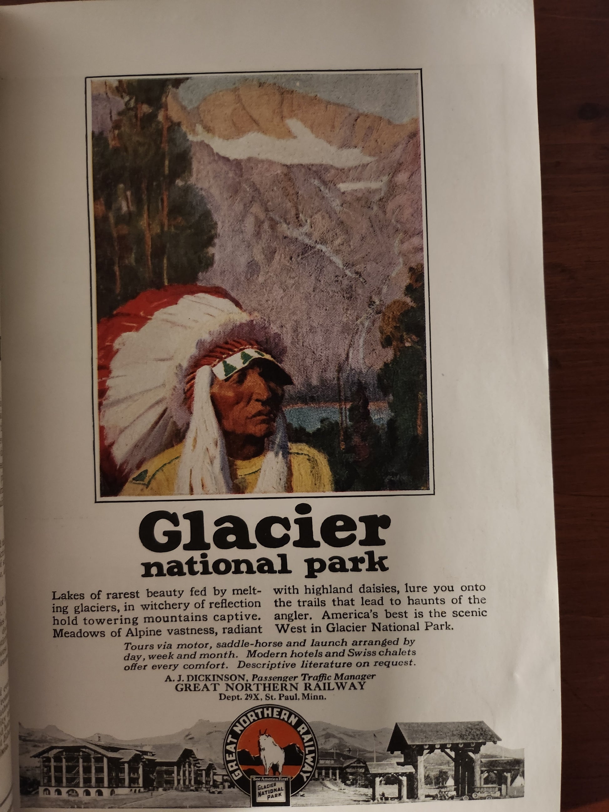 Vintage advertisement for Glacier National Park and Great Northern Railway with scenic illustration and text