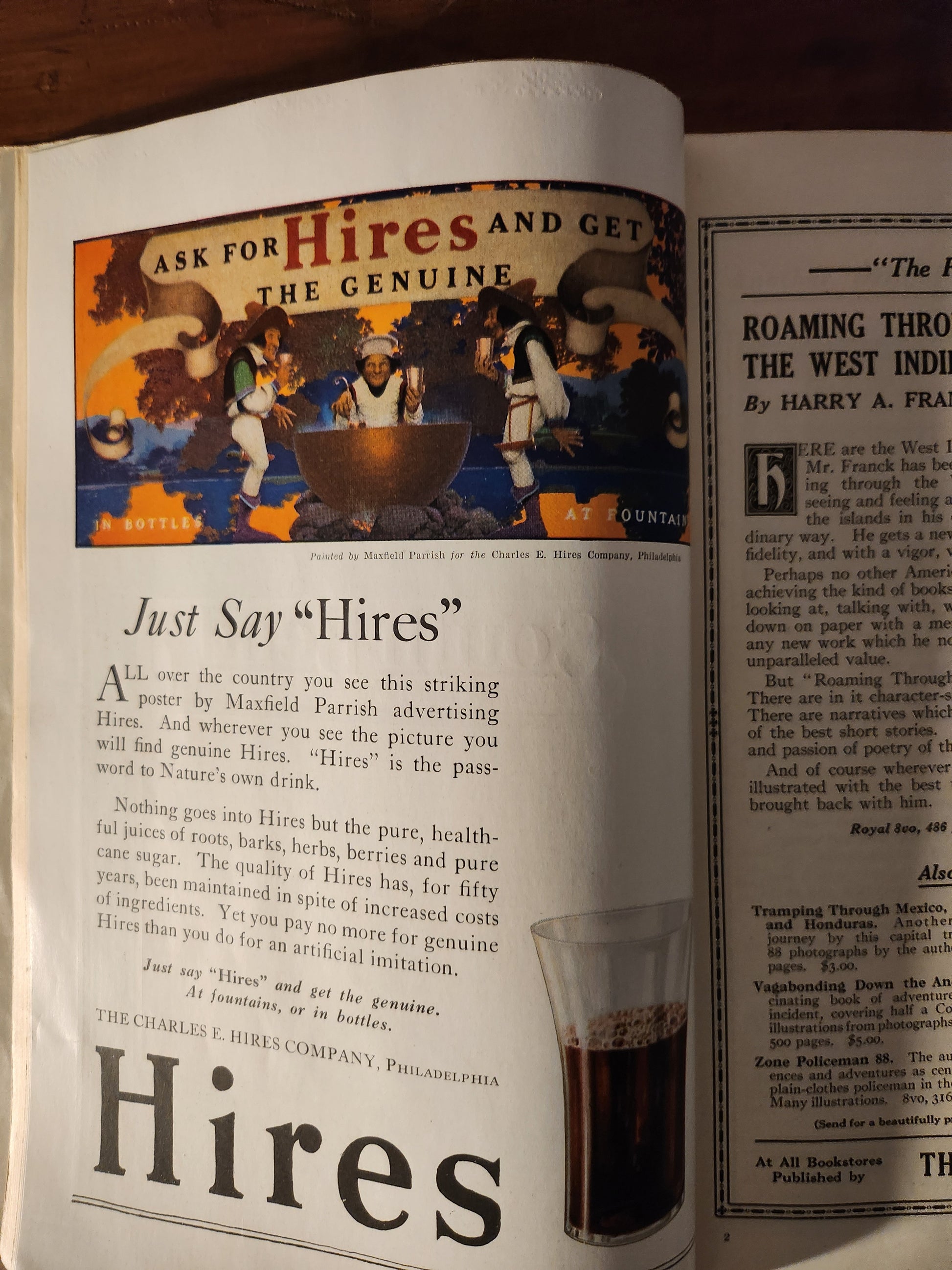 Vintage Hires ad by Maxfield Parrish featuring playful characters ladling root beer from a cauldron