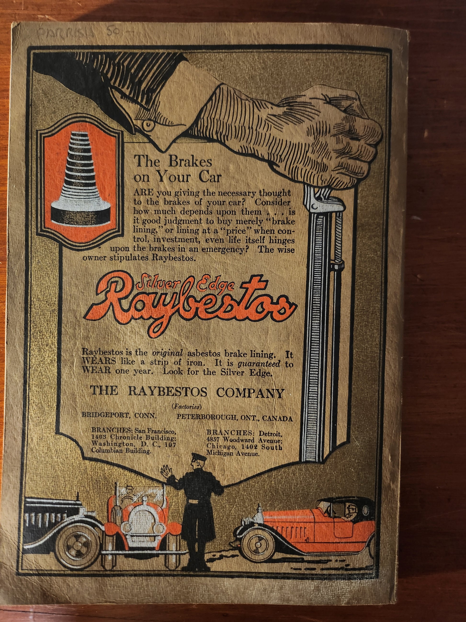 Vintage advertisement for Raybestos brake system with a handshake graphic and early automobiles.