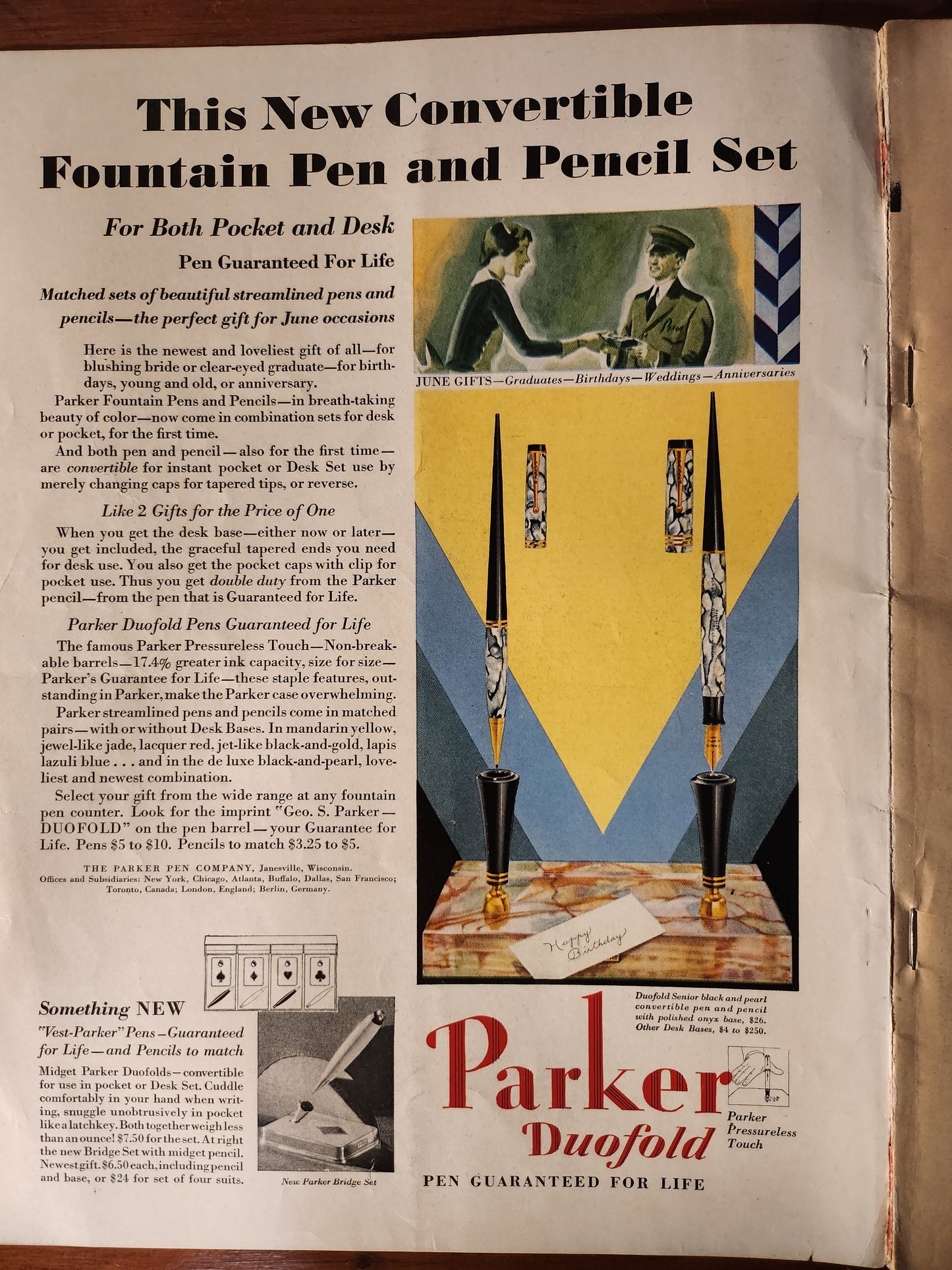 Vintage advertisement for Parker Duafold fountain pen and pencil set with illustrations and text.