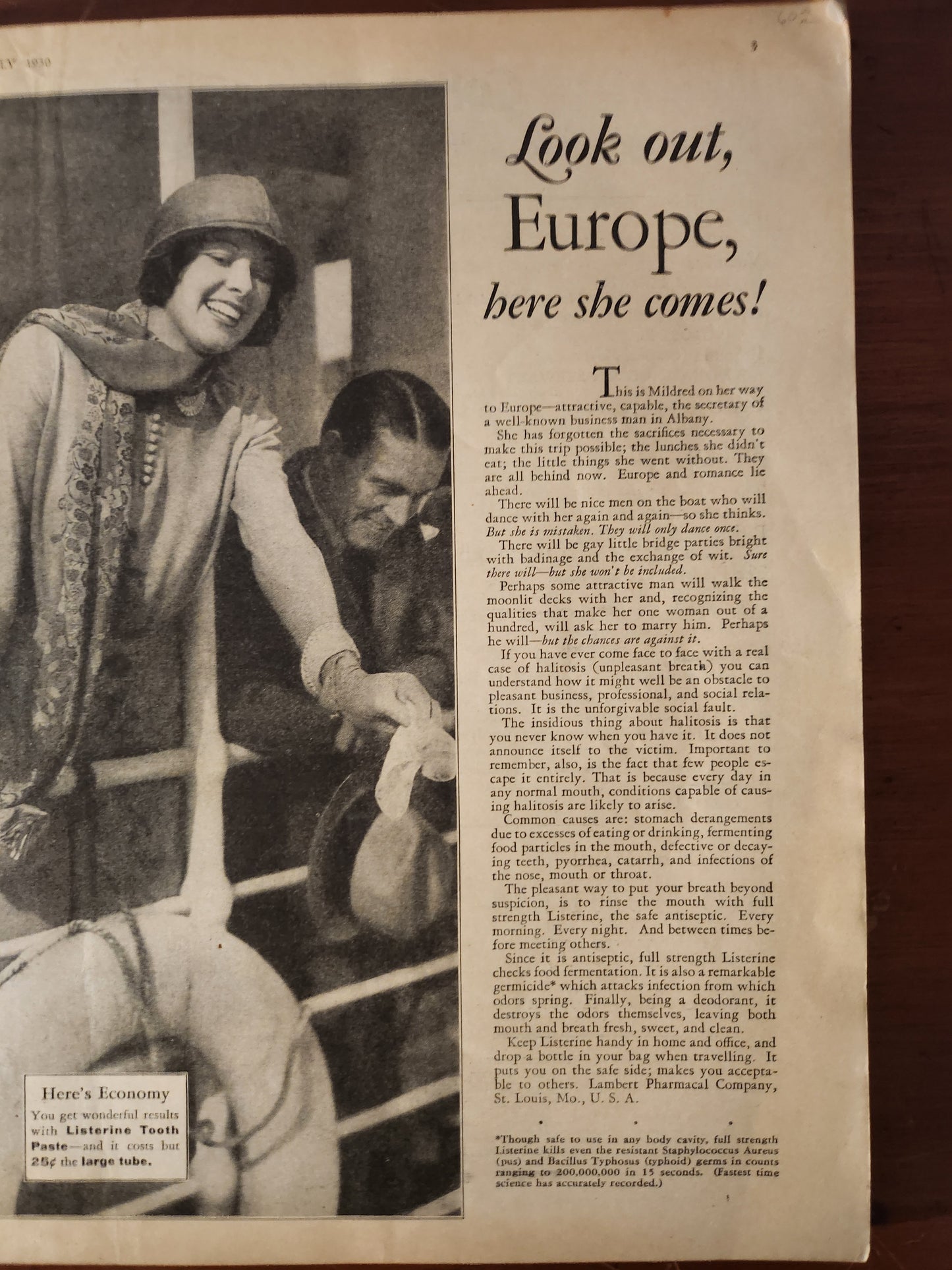 Vintage advertisement with a woman on a ship and text about 'Look out, Europe, here she comes!'.
