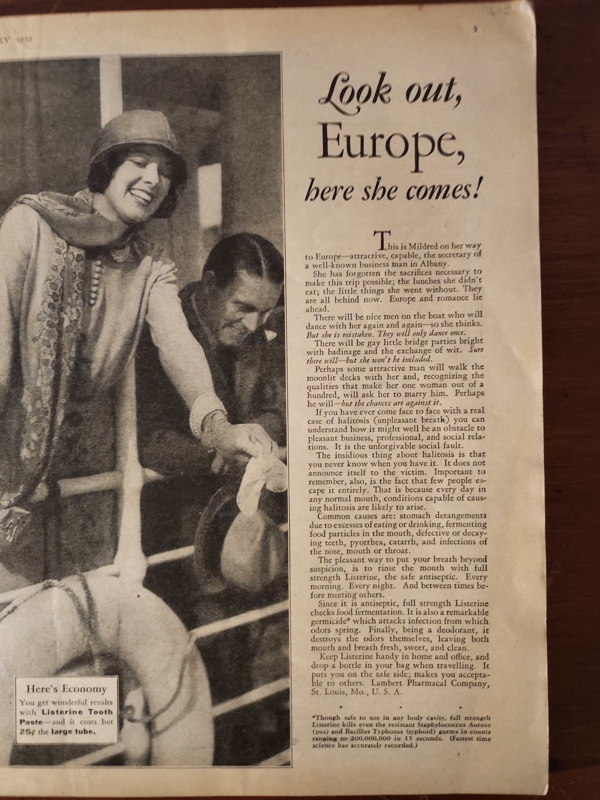 Vintage advertisement with a woman on a ship and text about 'Look out, Europe, here she comes!'.