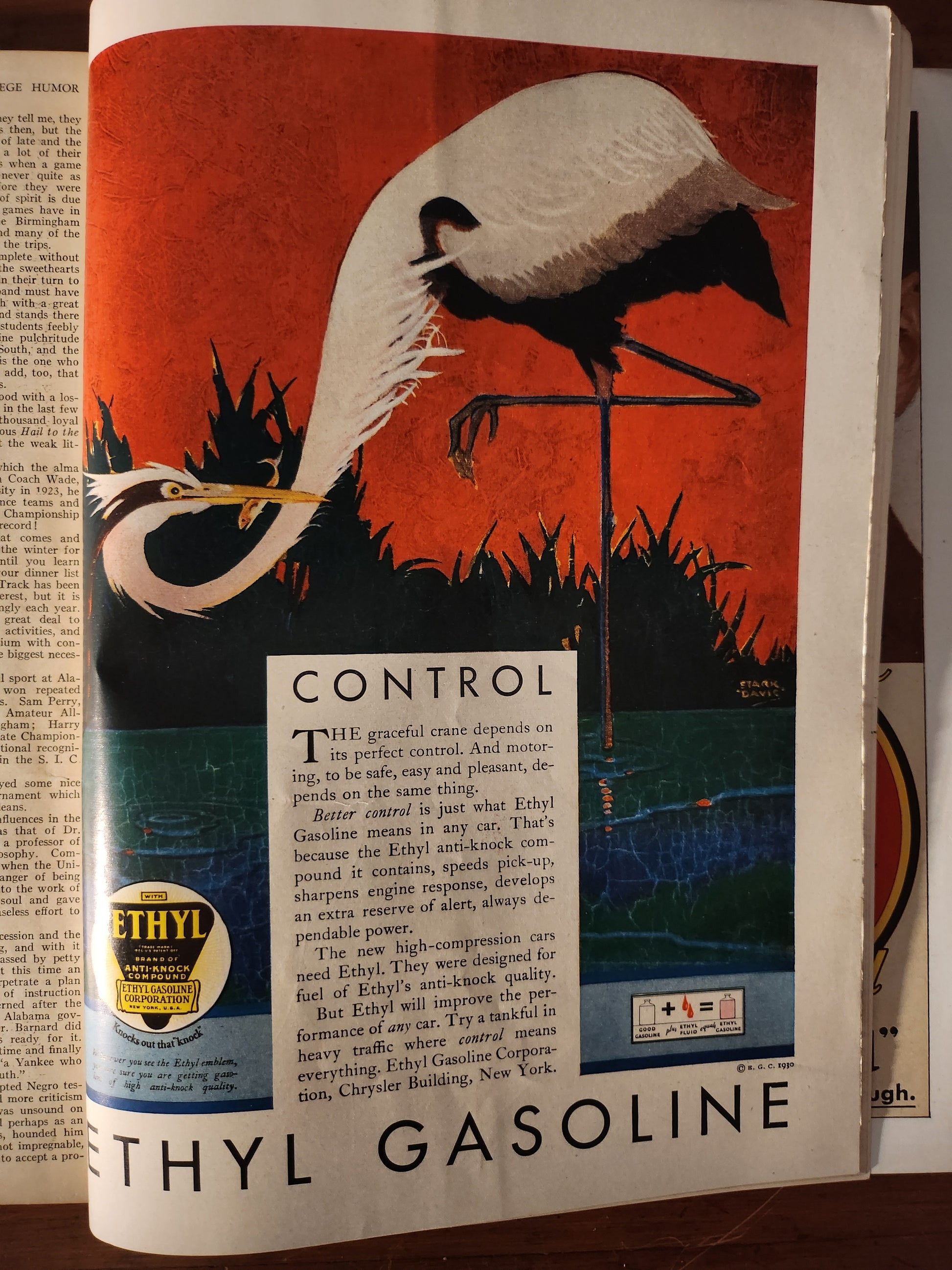 Vintage advertisement for Ethyl Gasoline with a bird design on a red background