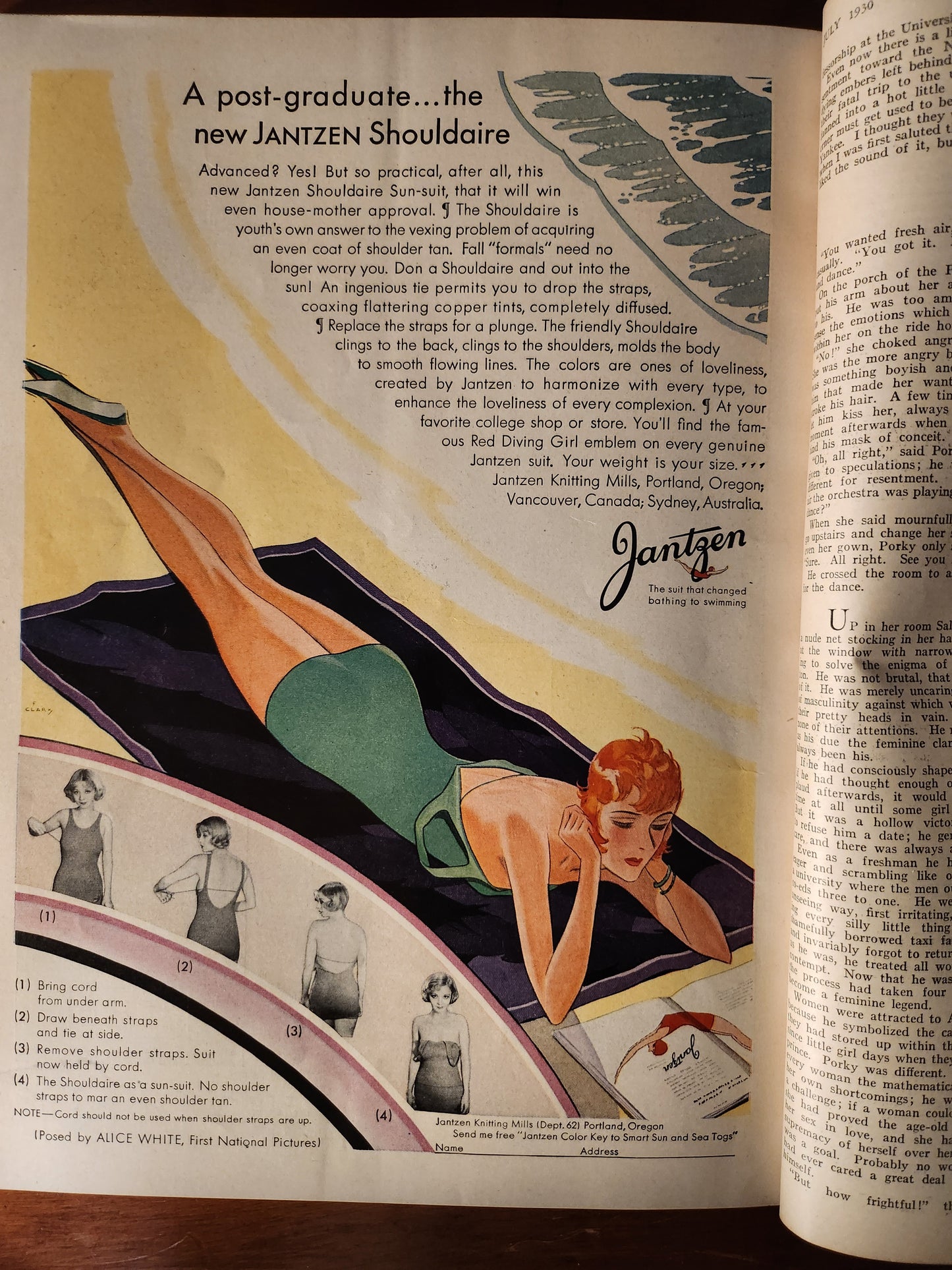 Vintage advertisement for Jantzen Shoudaire featuring a woman in a swimsuit.
