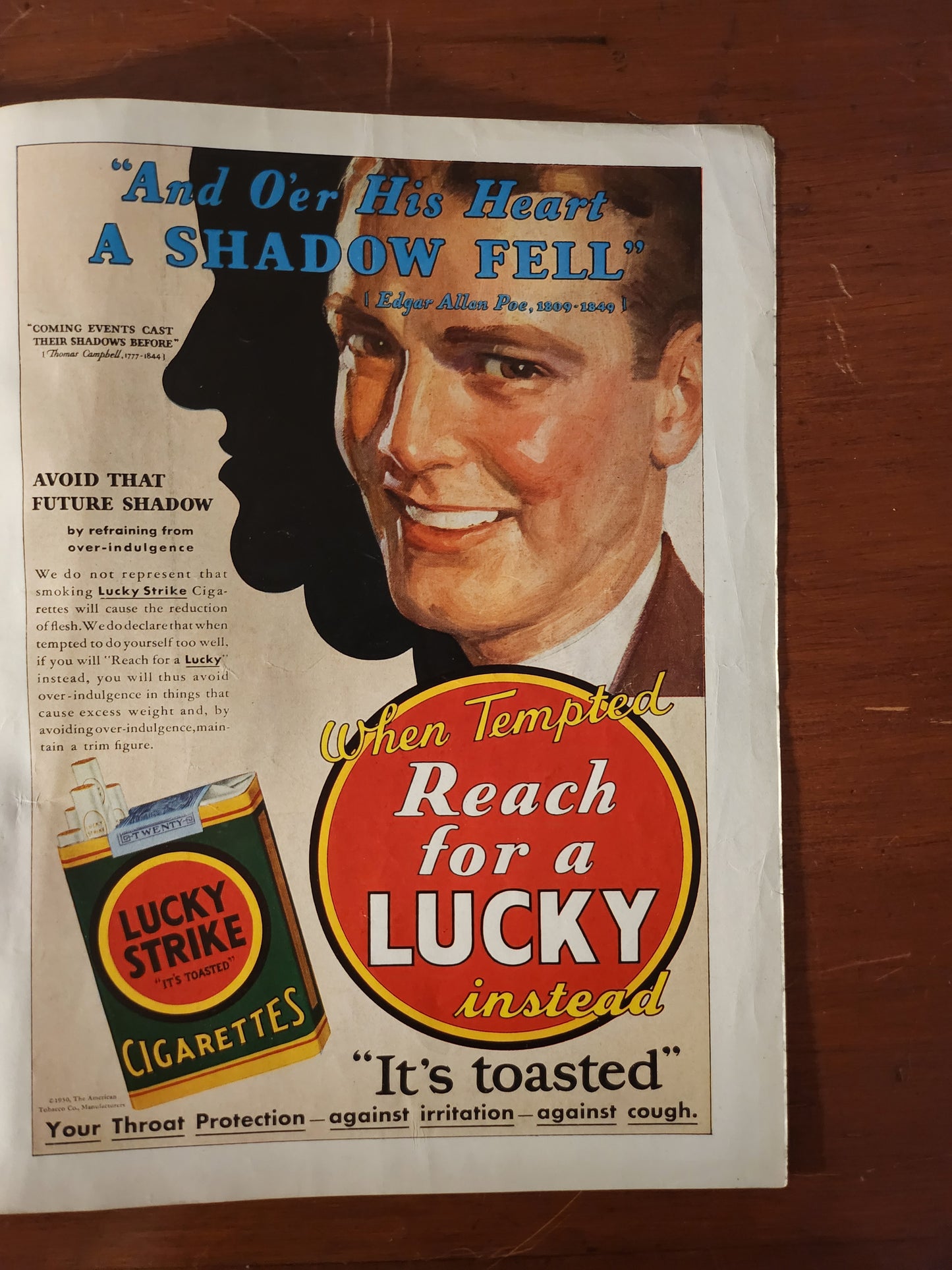 Vintage Lucky Strike cigarette advertisement with a man's face and product image 
