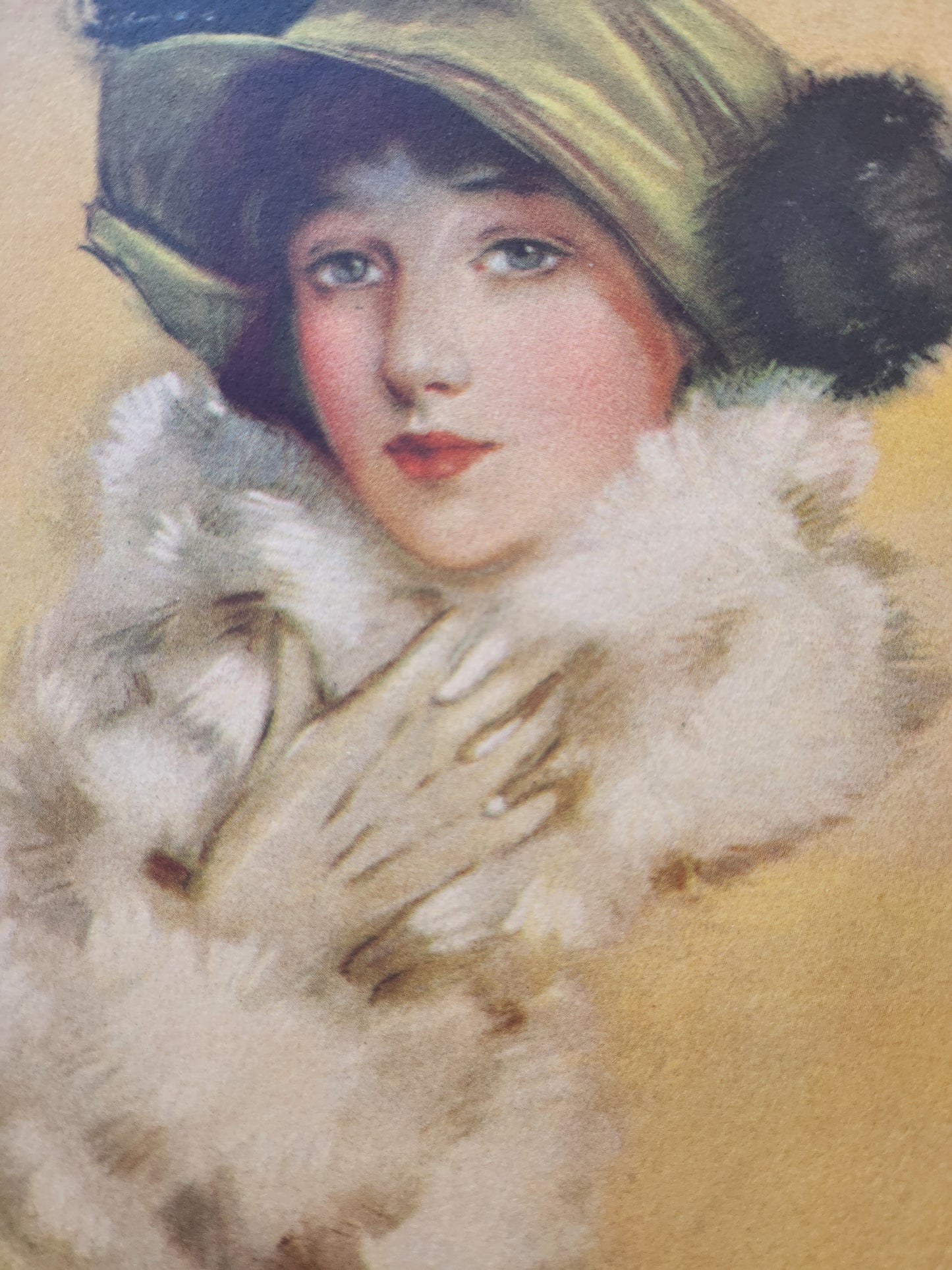 Art Nouveau-style vintage illustration by Neysa McMein of a woman with a fur hat and gloves against a yellow background