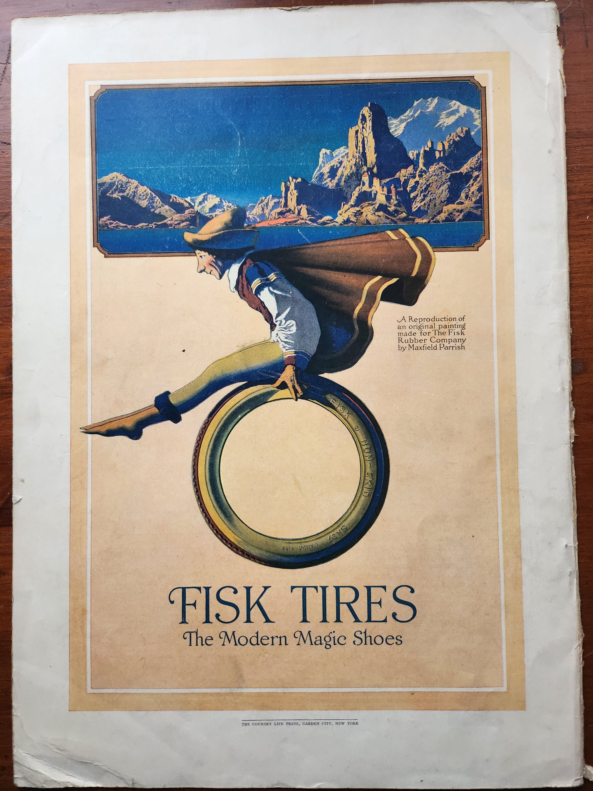 Unframed image of 1917 Maxfield Parrish vintage advertisement for Fisk Tires