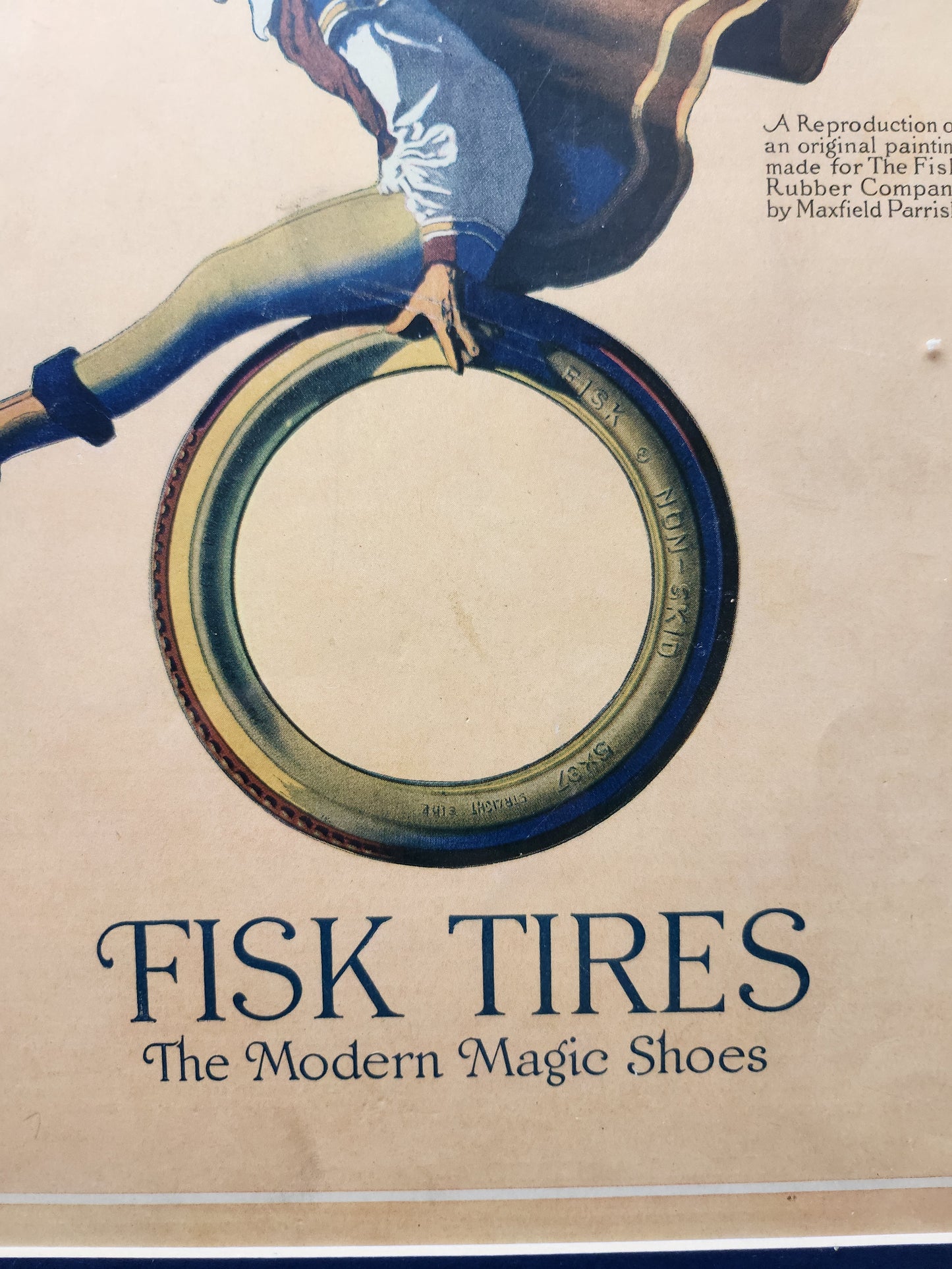 Close-up detail of 1917 original Maxfield Parrish advertisement for Fisk Tires