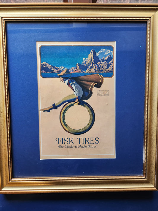 Framed vintage Maxfield Parrish advertisement for Fisk Tires from 1917