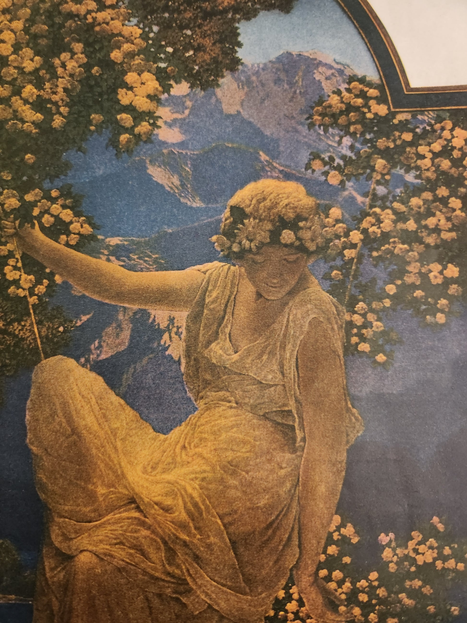 Close-up detail of vintage D'jer Kiss advertisement by Maxfield Parrish