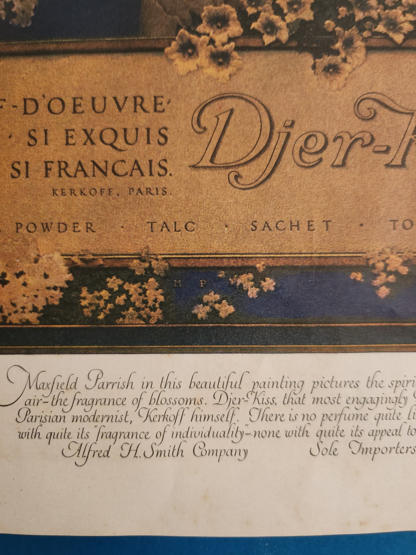 Caption for vintage D'jer Kiss advertisement by Maxfield Parrish