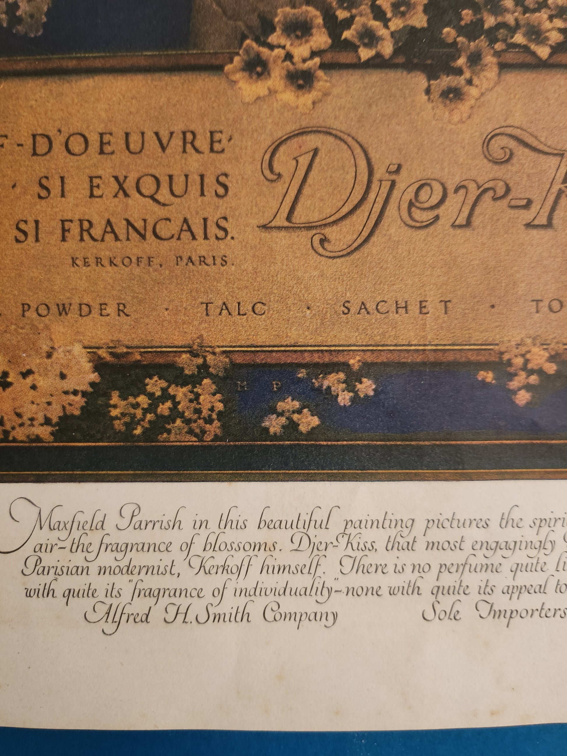 Caption for vintage D'jer Kiss advertisement by Maxfield Parrish