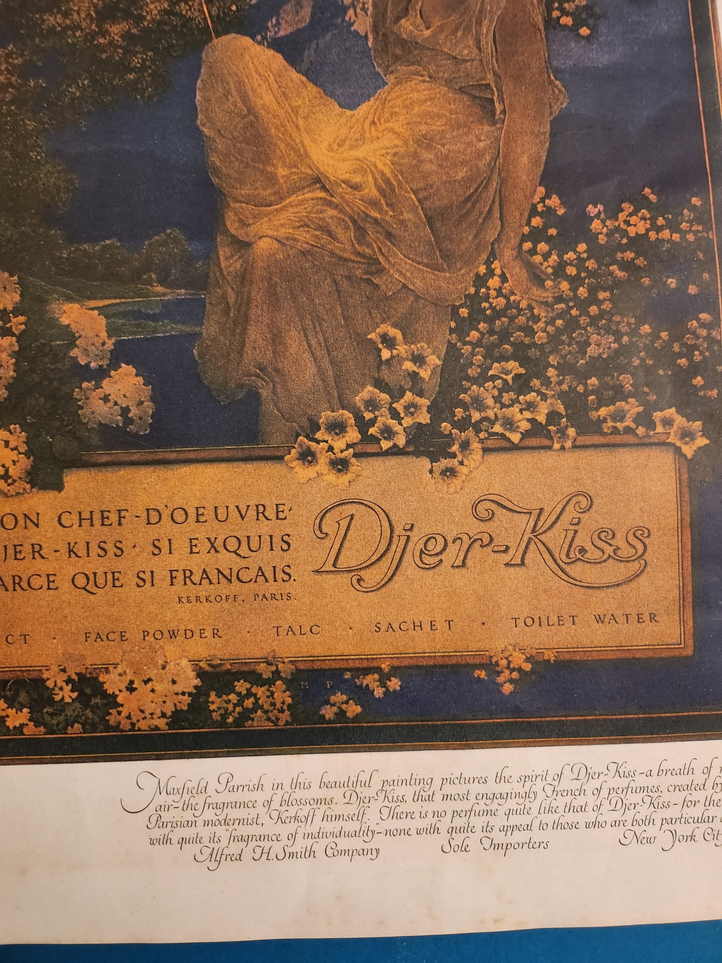 Close-up detail of vintage D'jer Kiss advertisement by Maxfield Parrish